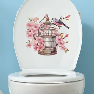 Cartoon birdcage and pink cherry blossoms decorative waterproof toilet seat wall decal