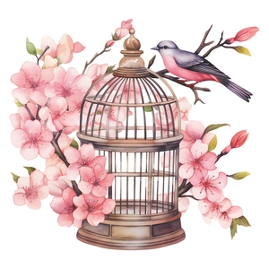 Cartoon birdcage and pink cherry blossoms wall sticker for bathroom decor