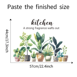 Detailed view of watercolor kitchen plant wall stickers with dimensions and layout guides