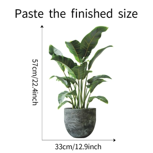 Detail view of 3D green plant wall sticker with dimensions 57x33cm and stone effect pot