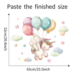 Detailed view of unicorn wall sticker dimensions showing 52cm by 65cm size measurements