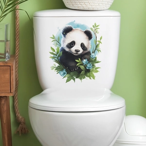 Sticker panda mignon sur réservoir de toilettes avec feuilles pour décoration