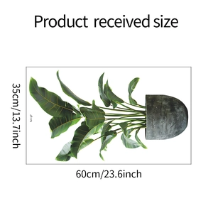 Detail of 3D green plant wall sticker with realistic tropical leaves and size dimensions