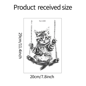 Dimensions détaillées du sticker mural chat sur balançoire, taille 20cm x 29cm pour salle de bain