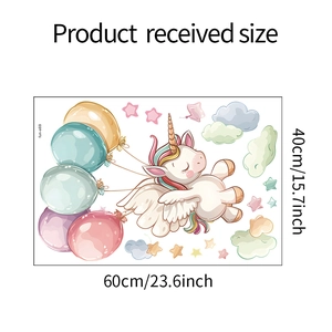 Cartoon unicorn and balloons wall sticker layout showing product received size 60x40cm