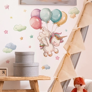 Cartoon unicorn wall decal with colorful balloons and clouds for kids room decor