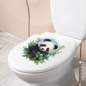 Sticker panda mignon avec feuilles vertes sur abattant de WC blanc pour salle de bain