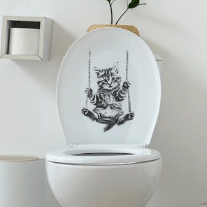Sticker décoratif chat sur balançoire pour abattant de WC et décoration de salle de bain