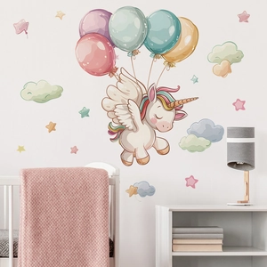 Cartoon unicorn wall sticker with colorful balloons and clouds for nursery room decor