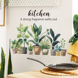 Watercolour green potted plant wall stickers for kitchen with fresh herbal style