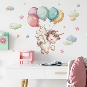 Cartoon unicorn wall stickers with colorful balloons and clouds for nursery room decor