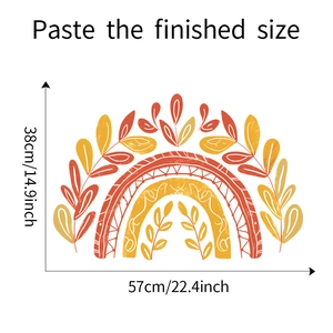 Detail view of colorful rainbow and leaf wall decal with size dimensions 57x38cm