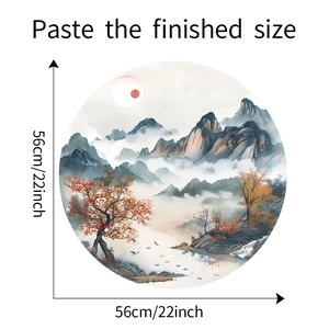 Detail of round Chinese landscape wall sticker showing the 56cm diameter size and dimensions