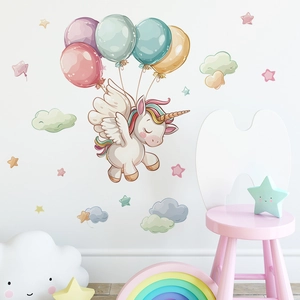 Cartoon Unicorn Wall Stickers For Kids Room Bedroom Background Decor PVC Waterproof Balloon Clouds Stars Nursery Wall Decal