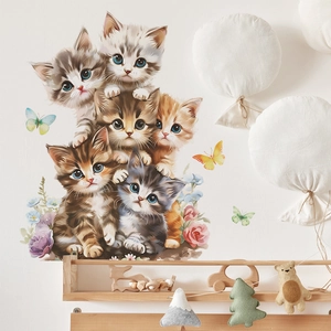 Cartoon Cute Cat Stacking Wall Sticker PVC DIY Animal Butterfly Floral Decal For Kids Room Bedroom Home Wall Decoration
