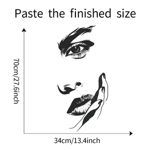 Size chart showing finished dimensions 70x34cm for minimalist face line art wall sticker