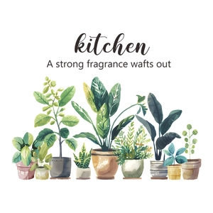 Watercolor green potted plants wall stickers with kitchen text for home decoration