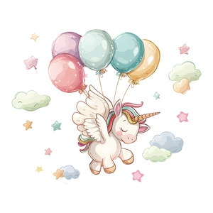 Cartoon unicorn wall sticker with colorful balloons and clouds for nursery room decor