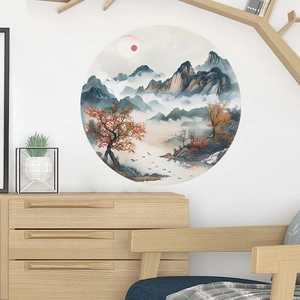 Minimalist circular mountain landscape wall sticker for bedroom and tea room home decor