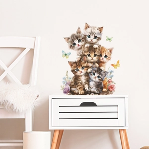 Cartoon cute kittens stack wall sticker with colorful butterflies and flowers for kids room