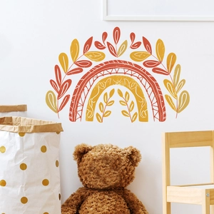 Boho rainbow wall sticker with earth-toned leaves for kids room background decoration
