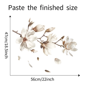 Detail showing white magnolia window film stickers dimensions of 47cm by 56cm on white background