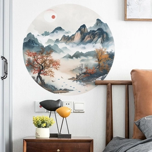 Detail of round Chinese landscape wall sticker featuring mountains and red maple leaves