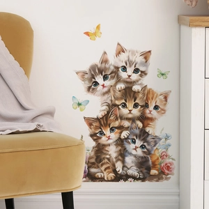 Watercolor cute kittens stacking wall stickers with colorful butterflies for kids' room decor