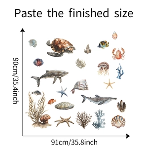 Detailed sheet of sea world wall decals featuring realistic sea turtles and corals