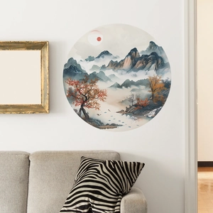 Minimalist circular landscape wall sticker with mountains and pines in a modern living room