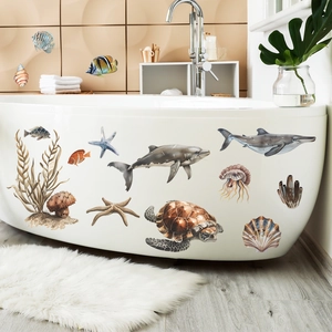 Detailed sea creatures wall stickers featuring turtles and corals on a bathroom tub