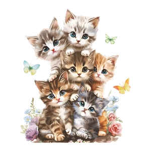 Cute cartoon kittens with colorful butterflies and flowers wall decals for kids room