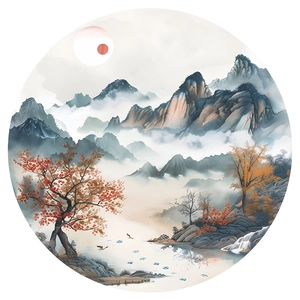 Traditional Chinese landscape wall sticker featuring autumn mountains and red sun in round frame