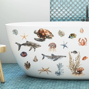 Cartoon sea turtle and coral underwater world waterproof wall stickers for bathroom decor