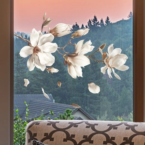 Static white magnolia flower window film with realistic floral petals for home decoration