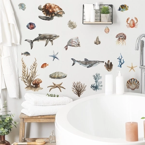 Cartoon sea turtle coral wall decals for bathroom with watercolor marine life design
