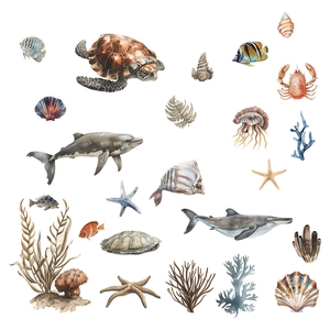 Cartoon sea turtle and coral underwater world self-adhesive bathroom wall sticker set