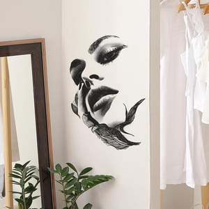 Adesivo murale minimalista in PVC nero con volto di donna artistico per decorazione