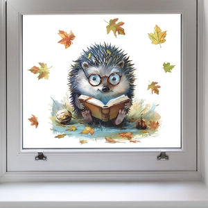 Cartoon Hedgehog Reading Book Window Sticker Autumn Maple Leaves Static Cling UV Printing Glass Door Decoration DIY Removable Home Decor