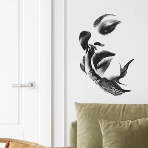 Adesivo murale nero moderno con viso femminile stilizzato per decorazione soggiorno