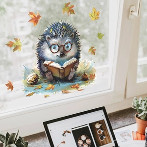 Close-up of a cartoon hedgehog reading a book on a window with colorful autumn maple leaves