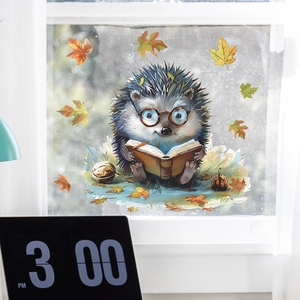 Cartoon hedgehog reading book window sticker with autumn maple leaves for home decor