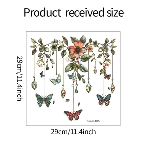 Detailed sheet of botanical wall stickers with green leaves, butterflies and gems