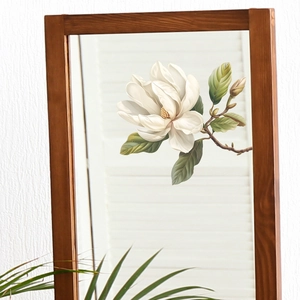 Elegant white magnolia static window film for glass decoration with green leaves