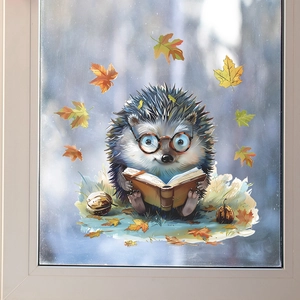 Autumn cartoon hedgehog reading a book glass window sticker with maple leaves and pumpkins