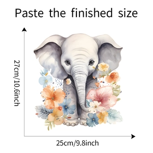 Detail view of cartoon elephant and flower wall sticker with size dimensions included