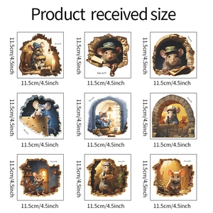 Grid view showing 9 pieces of 3D mouse hole wall stickers with 11.5cm size markings