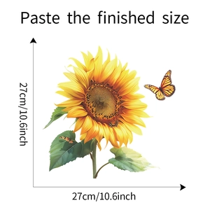Detail view of sunflower and butterfly wall sticker with 27x27cm size dimensions