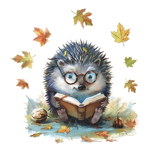 Cartoon hedgehog reading a book with autumn leaves and pumpkin window sticker decor