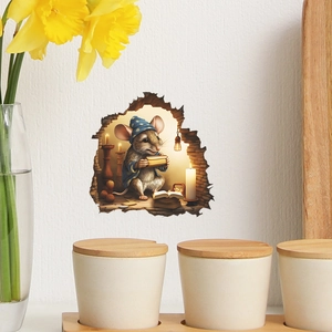 3D cartoon mouse hole wall sticker featuring a mouse reading books with candle in nest